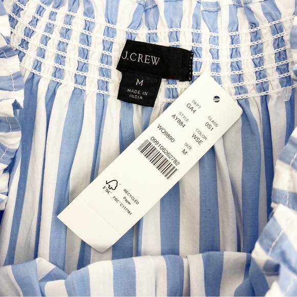 J. Crew Smocked Puff Sleeve Cotton Poplin Dress: Blue White Stripe Nautical - Picture 12 of 14